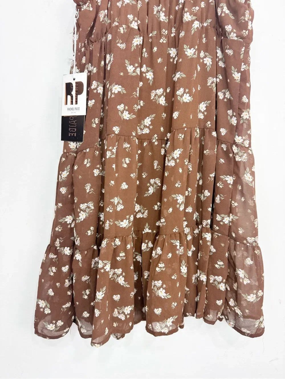 Rachel Paige Brown White Floral Baby Doll Cottage Core Tiered Mini Dress NEW